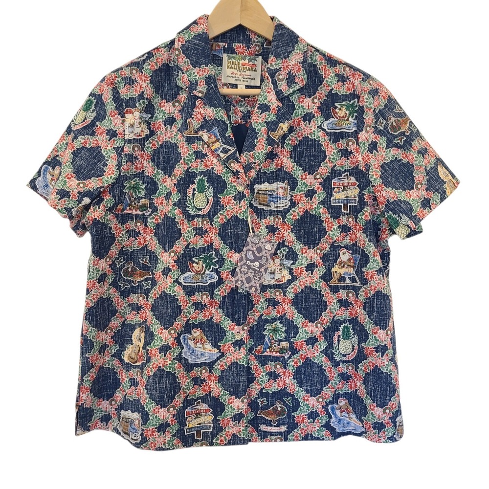 NEW‎ Reyn Spooner Mele Kalikimaka Hawaiian Shirt Large Christmas Blue Santa